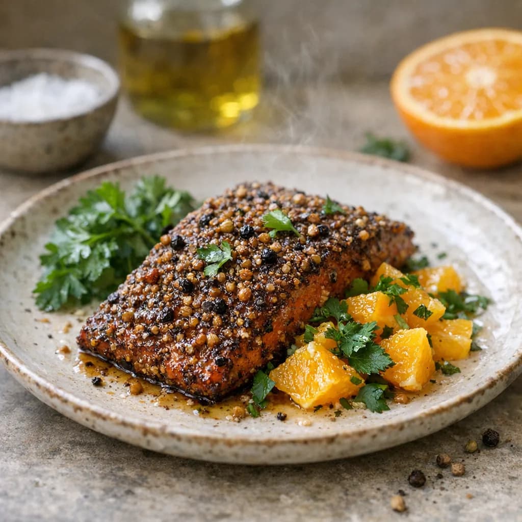 Coriander Crusted Salmon with Orange Parsley Garnish recipe