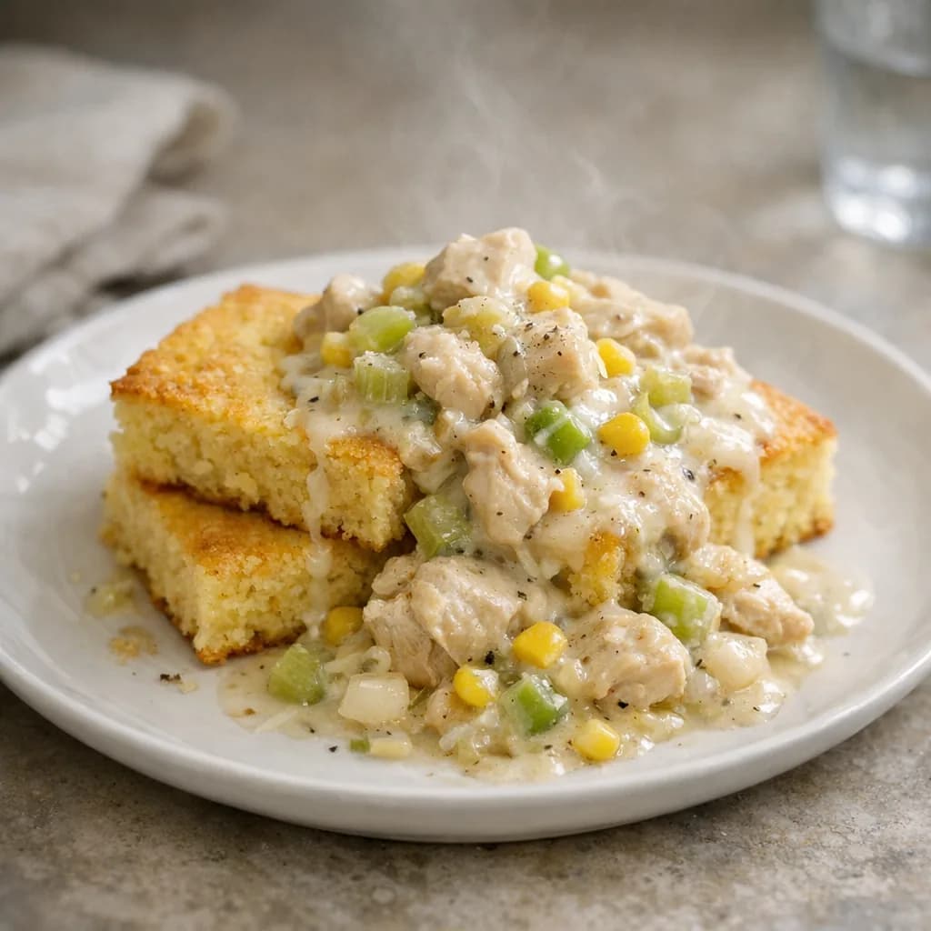 Creamy Chicken with Cornbread Squares recipe