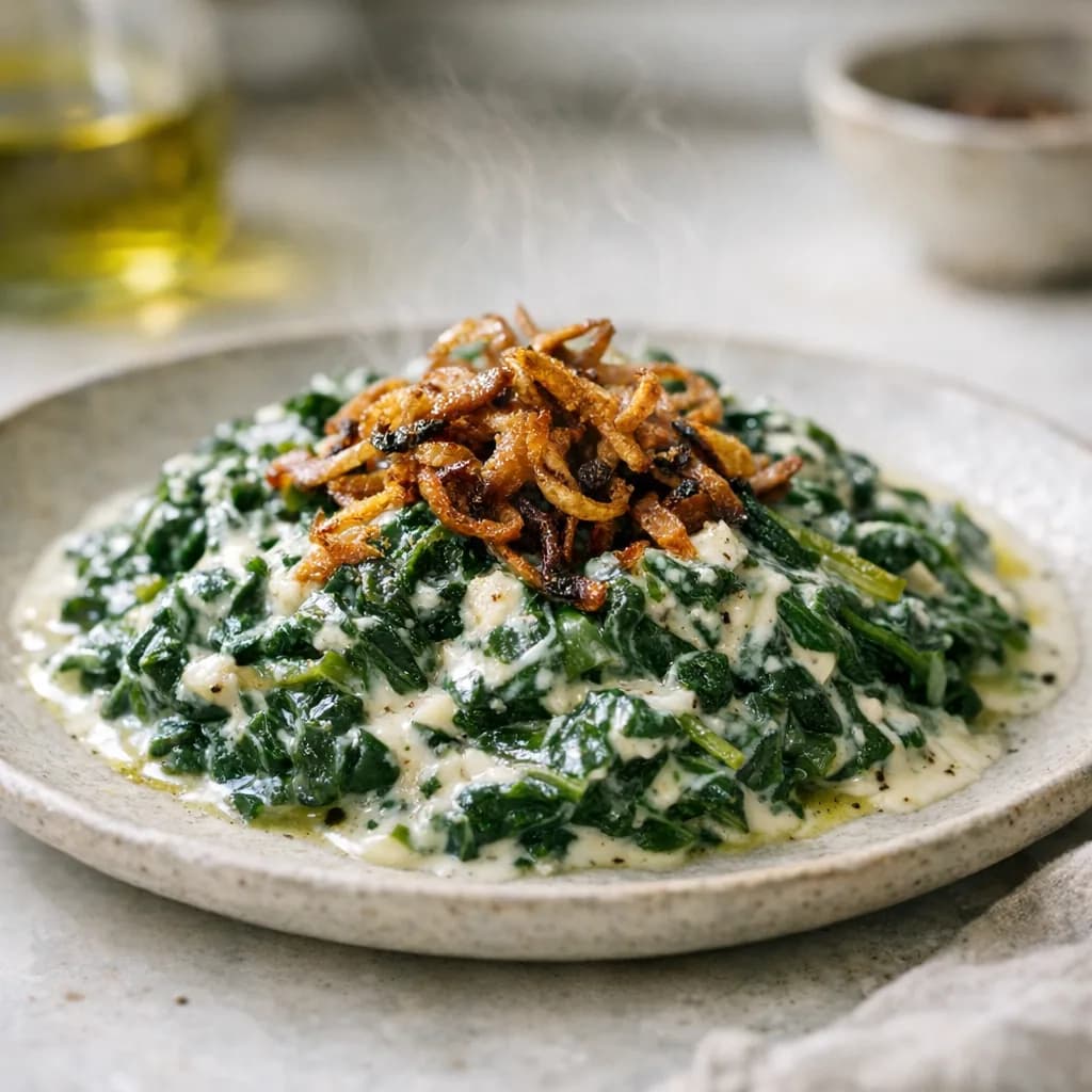 Creamy Spinach with Crispy Shallots recipe