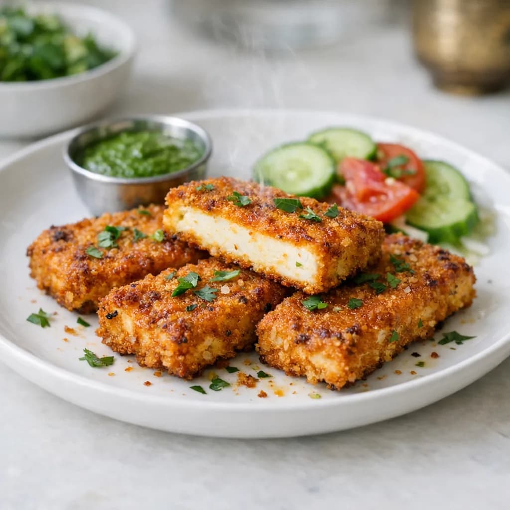 Crispy Cheese-Coated Paneer Steaks recipe