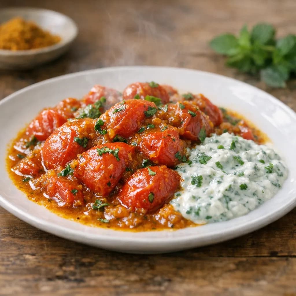 Curried Tomatoes with Mint and Cilantro Raita recipe