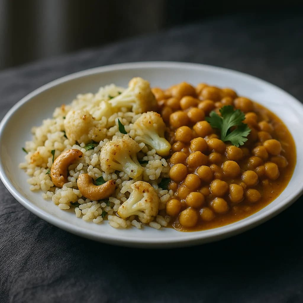 Gluten-Free Cauliflower Cashew Pilaf with Chickpea Curry recipe