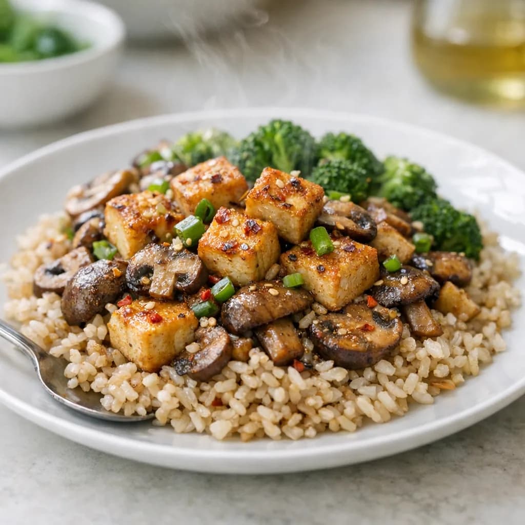 Gluten-Free Tofu and Mushroom Rice Bowl recipe