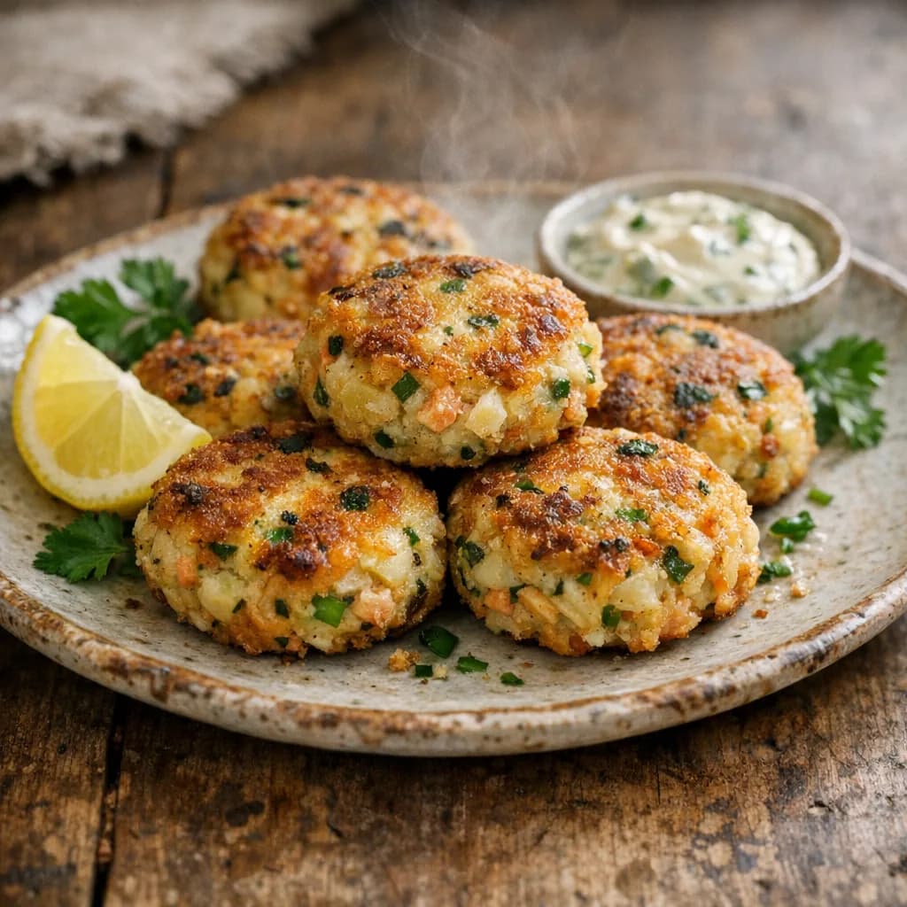 Golden Codfish and Salmon Cakes recipe