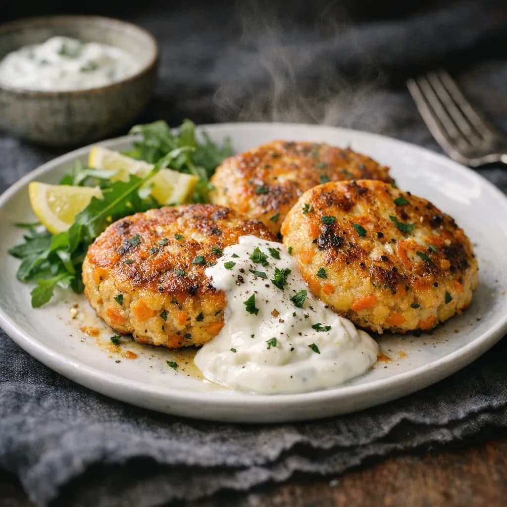 Golden Salmon Patties with Yogurt Sauce recipe