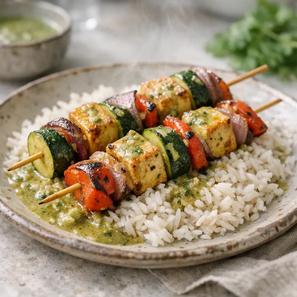 Green Curry Tofu and Veg Kebabs over Rice recipe