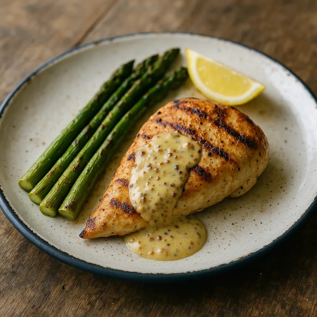 Grilled Asparagus with Halal Chicken and Mustard Sauce recipe