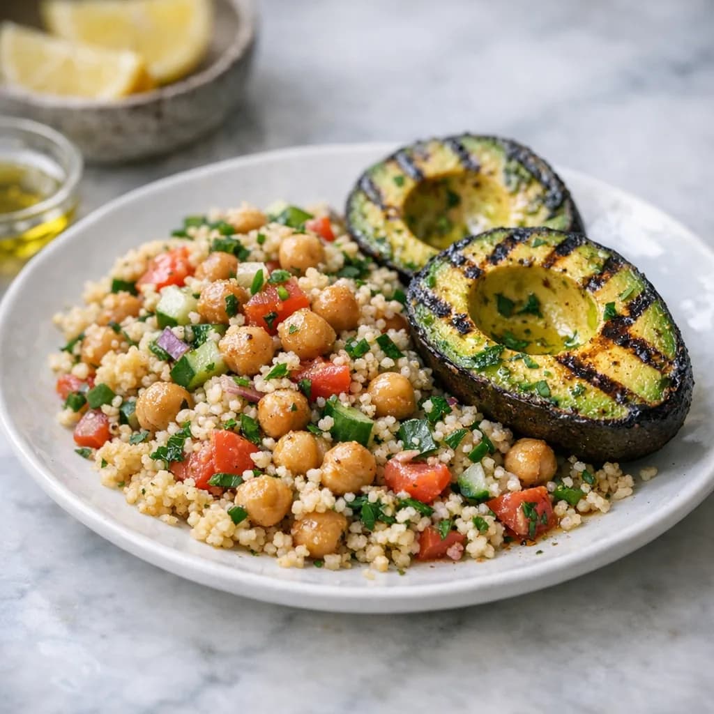 Grilled Avocado Chickpea Couscous Bowl recipe