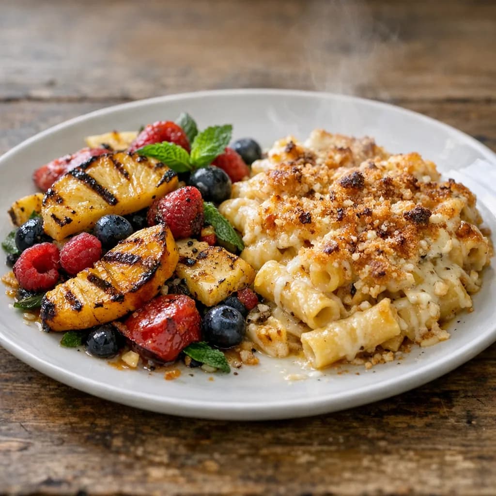 Grilled Fruit Salad and Cheesy Pasta Bake recipe