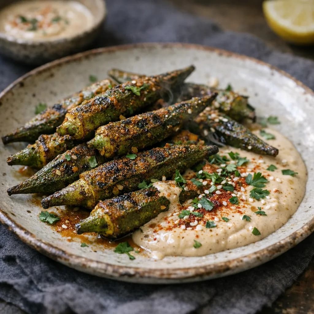 Grilled Okra with Spiced Tahini Sauce recipe