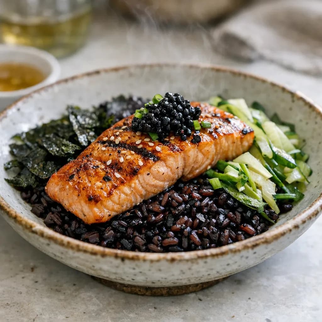 Grilled Salmon Rice Bowl with Nori and Caviar recipe