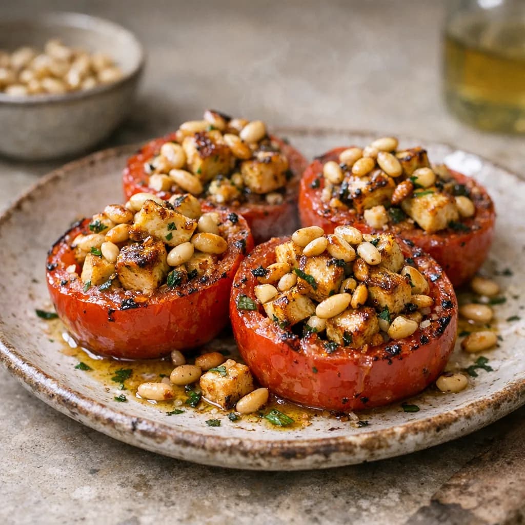 Grilled Tomatoes with Spiced Paneer and Pine Nuts recipe