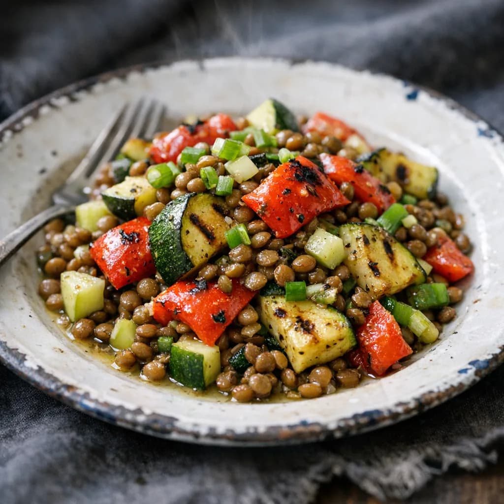 Grilled Vegetable Lentil Salad with Lemon Dressing recipe