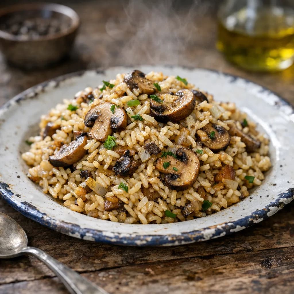 Mushroom and Spring Onion Rice Bake recipe