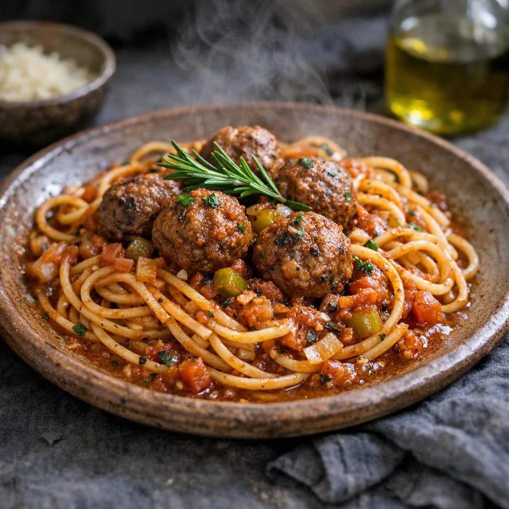 Halal One-Pan Spaghetti Meatballs recipe