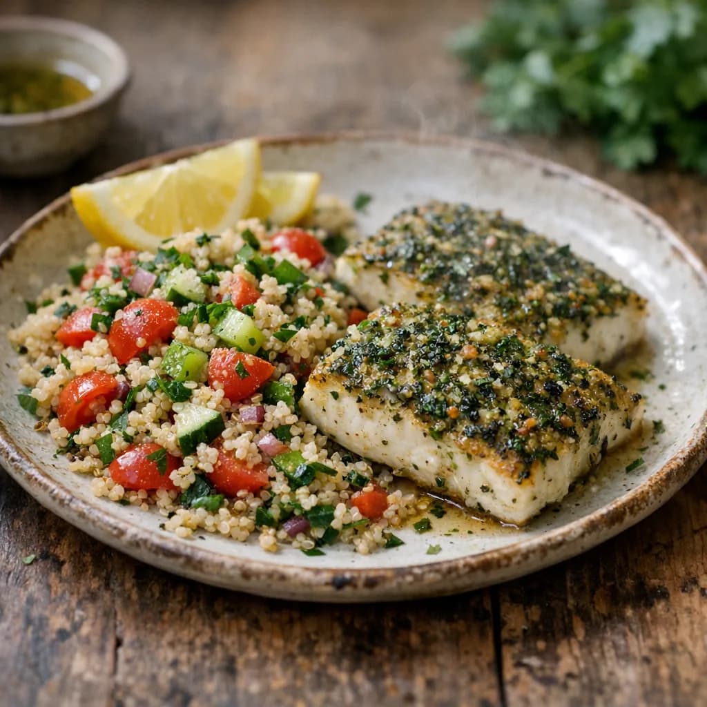 Herb-Crusted Halibut with Quinoa Salad recipe
