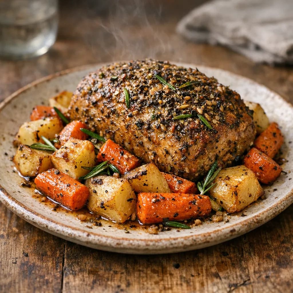 Herb-Crusted Pork Roast with Vegetables recipe