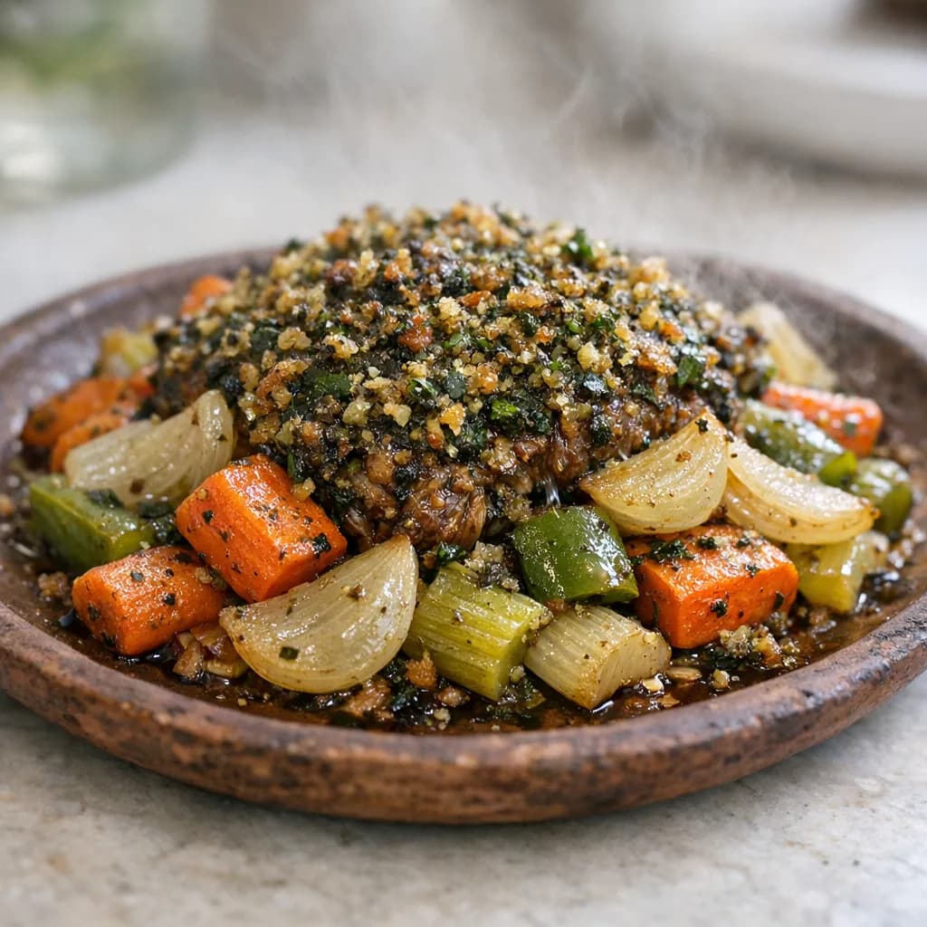 Herb-Crusted Ribeye Roast with Vegetables recipe
