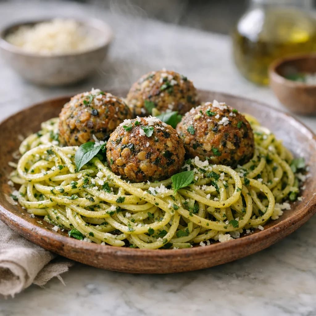 Herb Pasta with Vegetarian Lentil Balls recipe