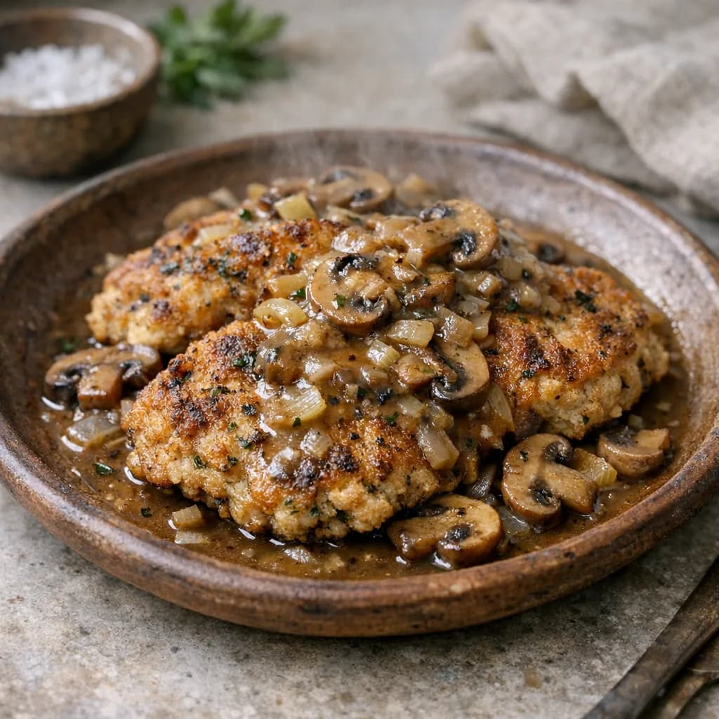 Herbed Chicken Cutlets with Mushroom Gravy recipe