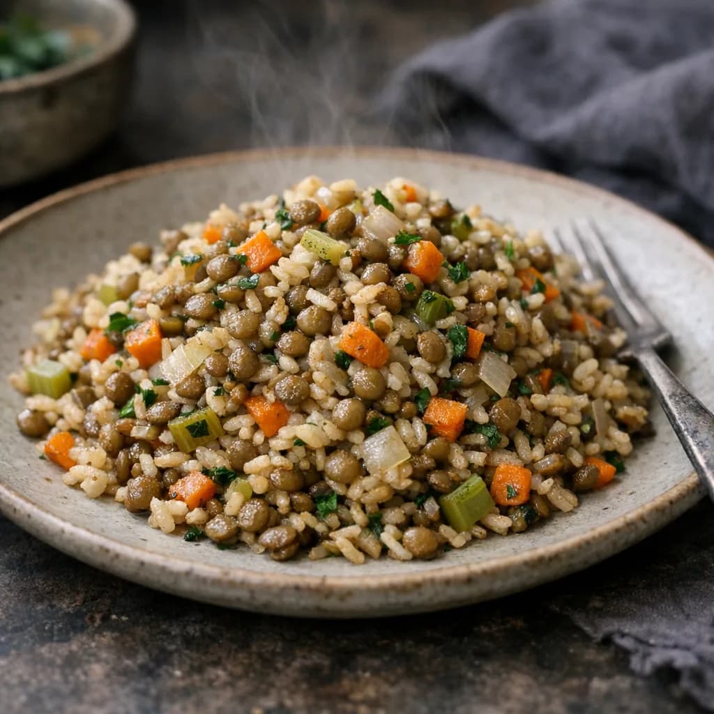 Herbed Lentils and Brown Rice Stir-Fry recipe