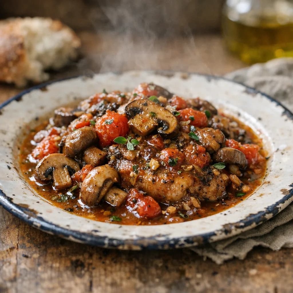 Herbed Mushroom and Tomato Braised Pork Chops recipe
