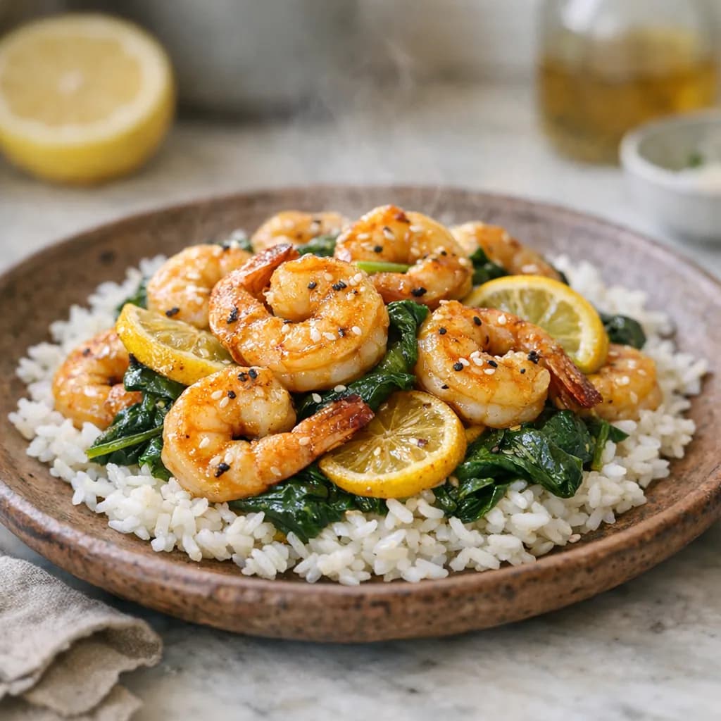 Honey Lemon Shrimp with Spinach and Rice recipe