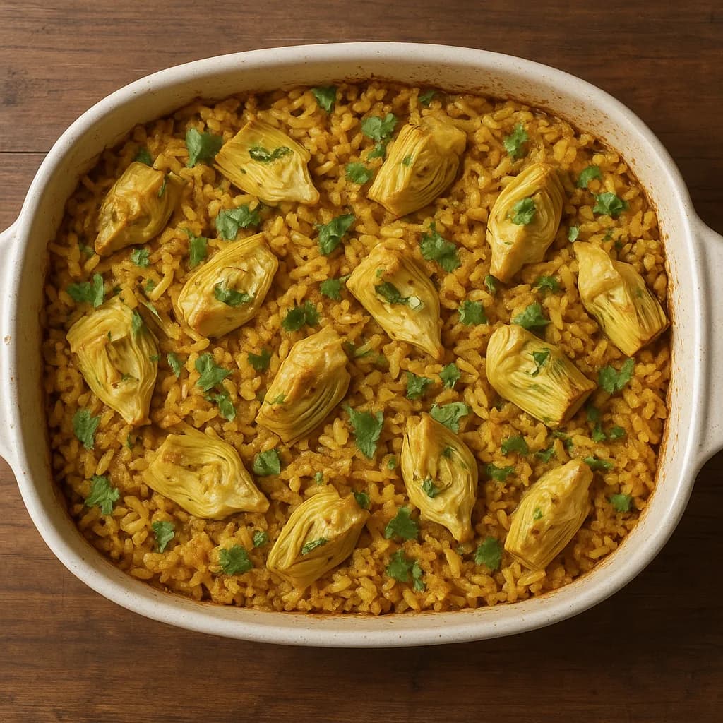 Indian Spiced Artichoke Rice Bake recipe
