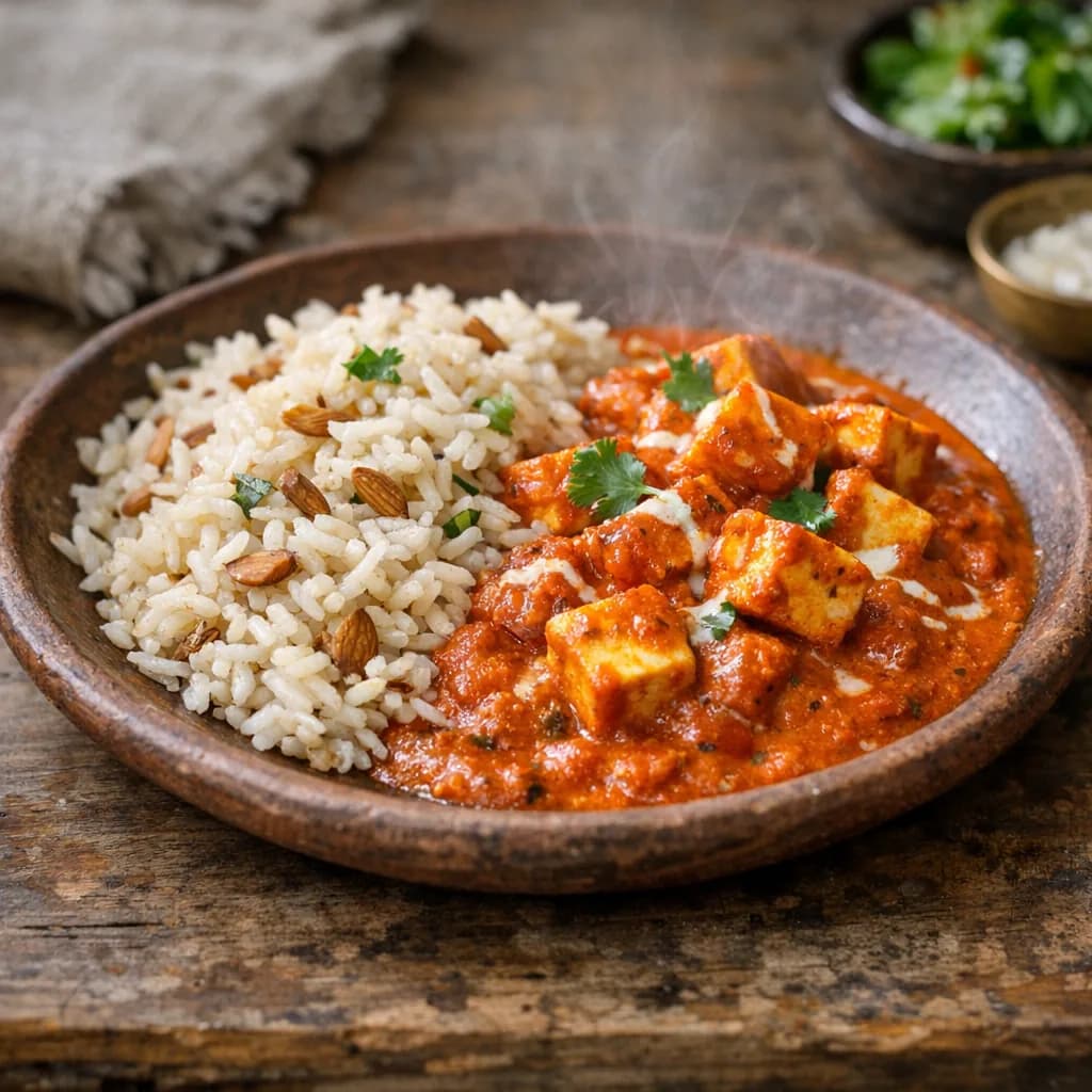 Jain Butter Paneer with Almond Rice recipe