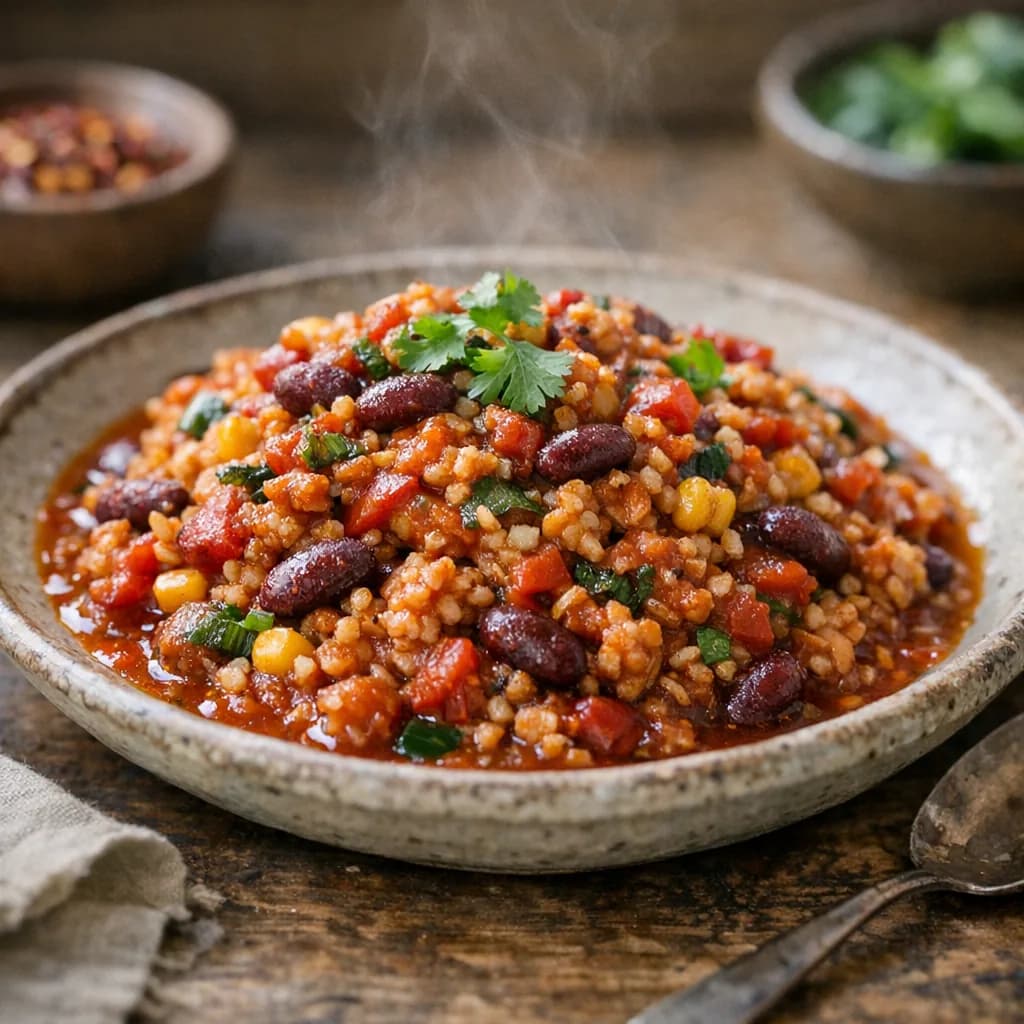 Jain-Friendly Tempeh Bulgur Chili recipe