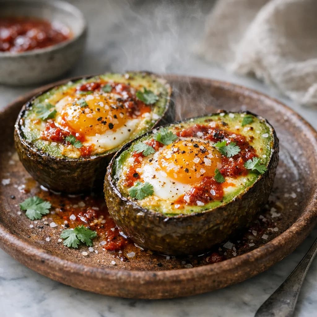 Keto Baked Avocado Eggs with Harissa recipe