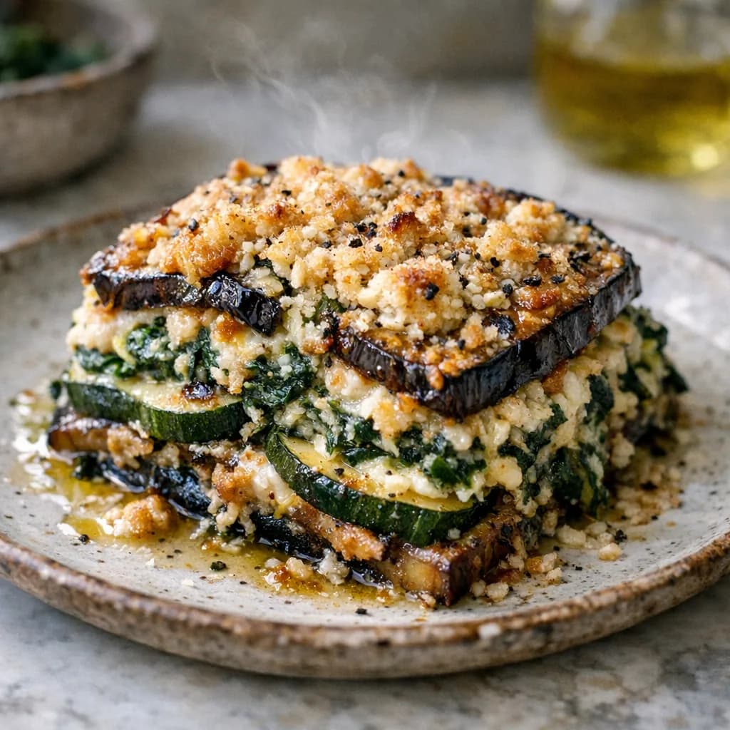 Keto Layered Eggplant Zucchini and Spinach Bake recipe