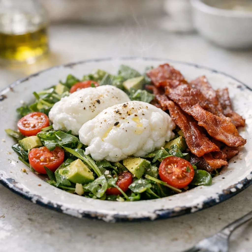Keto Poached Egg Whites with Turkey Bacon Salad recipe