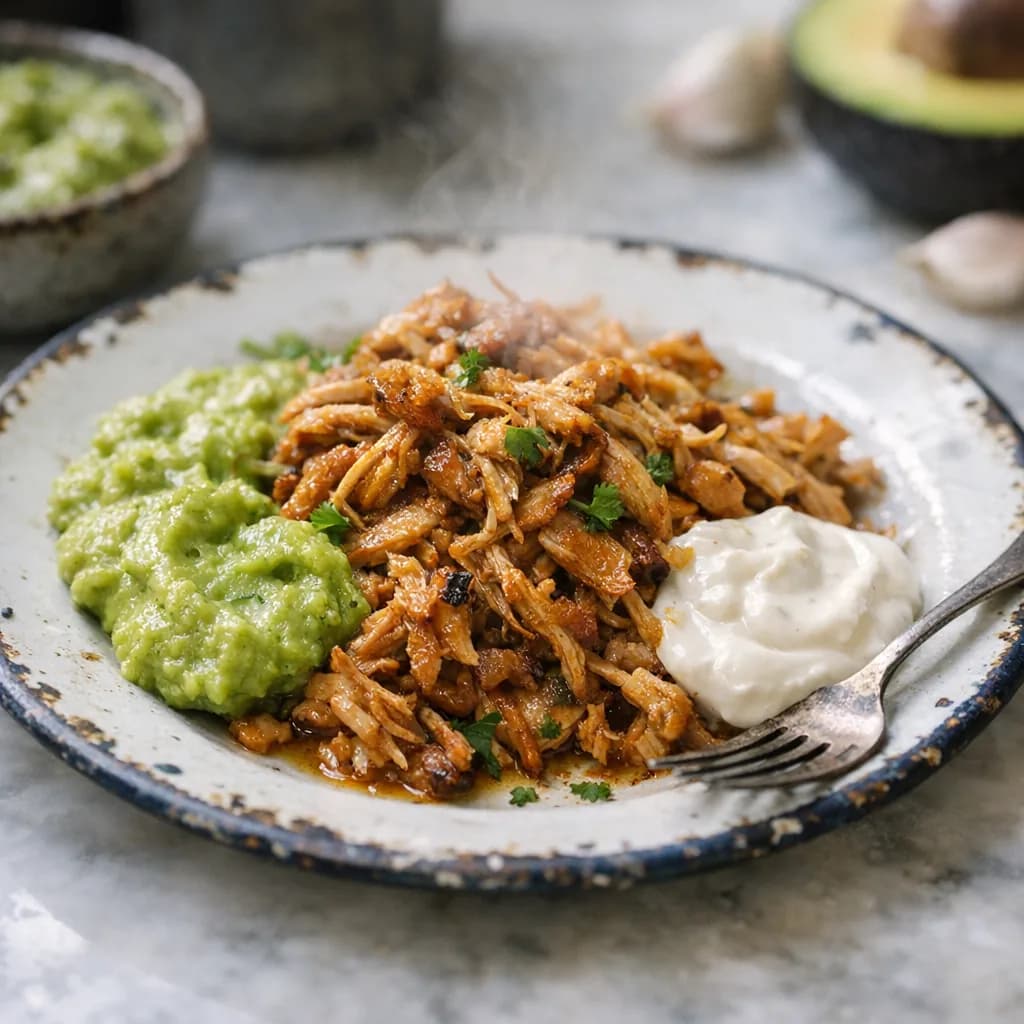 Keto Pulled Chicken with Avocado and Garlic Sauces recipe