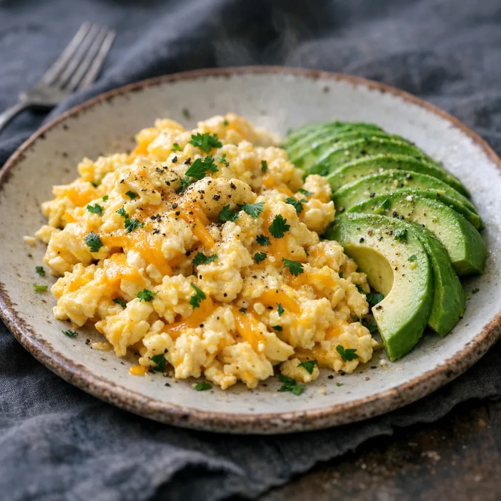 Keto Scrambled Eggs with Avocado and Cheese recipe