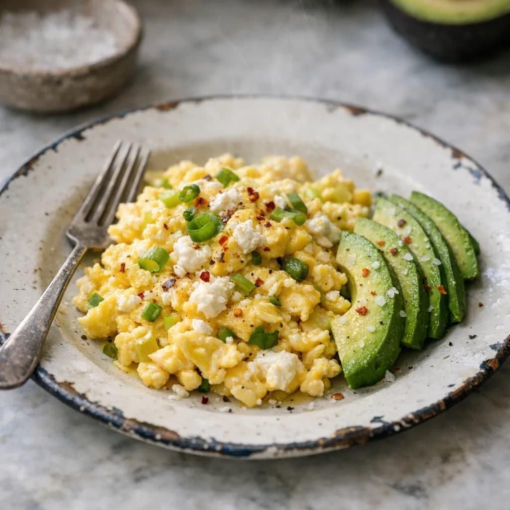 Keto Scrambled Eggs with Goat Cheese and Avocado recipe