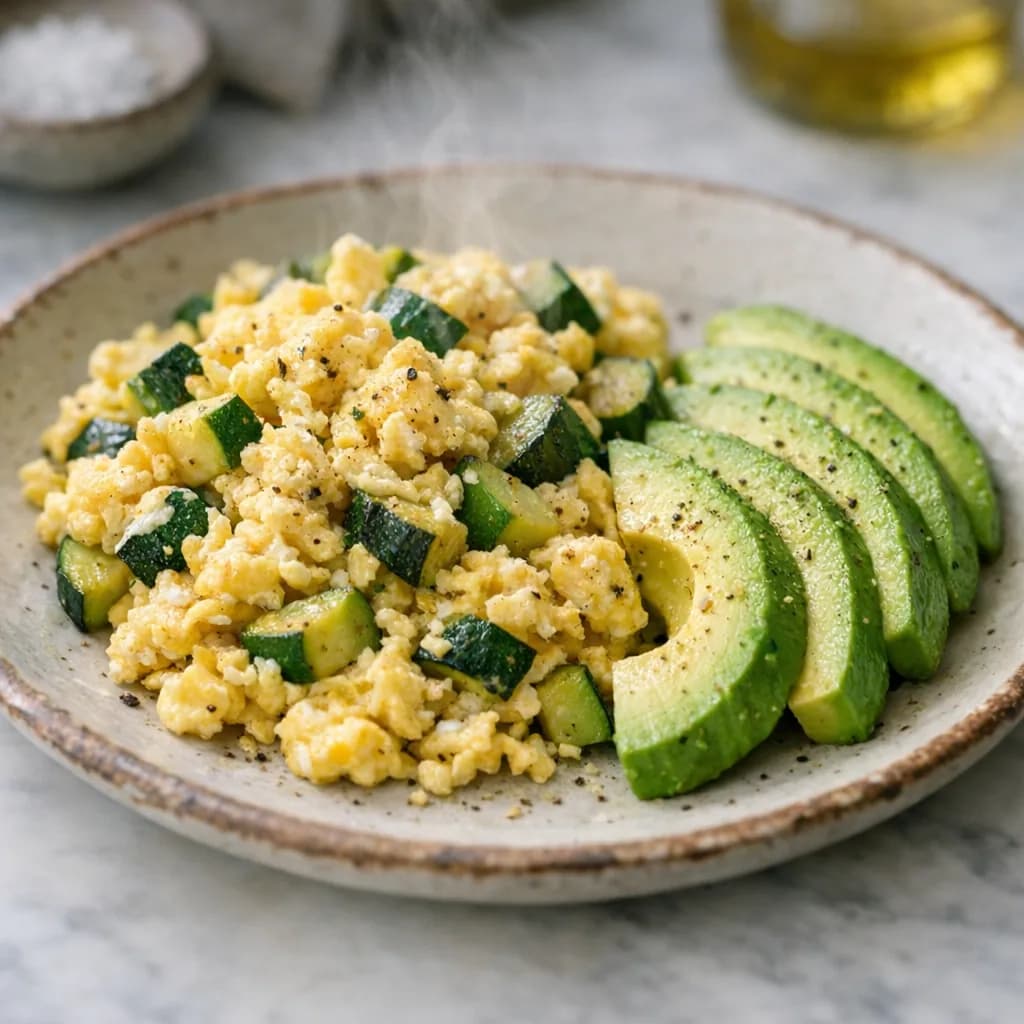 Keto Scrambled Eggs with Zucchini and Avocado recipe