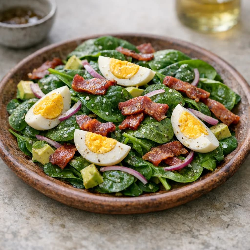 Keto Spinach Salad with Eggs and Turkey Bacon recipe