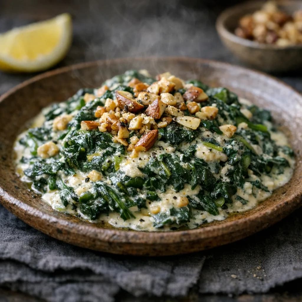 Keto Spinach with Cream and Toasted Nuts recipe