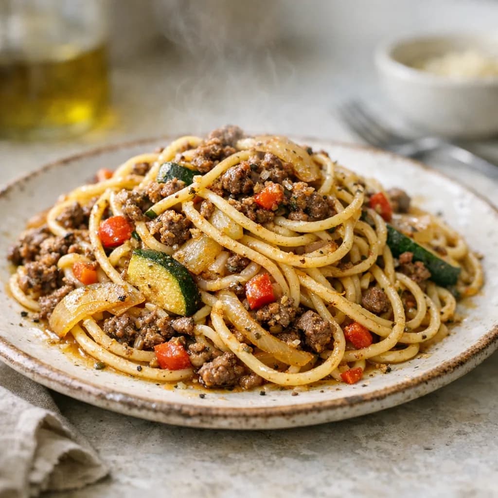 Kosher Spaghetti with Beef and Vegetables recipe