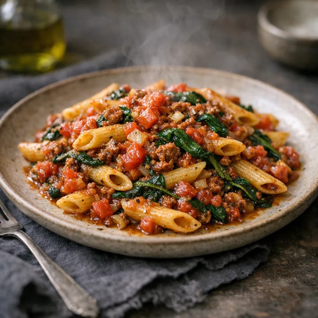 Kosher Tomato Spinach Rotini with Ground Beef recipe