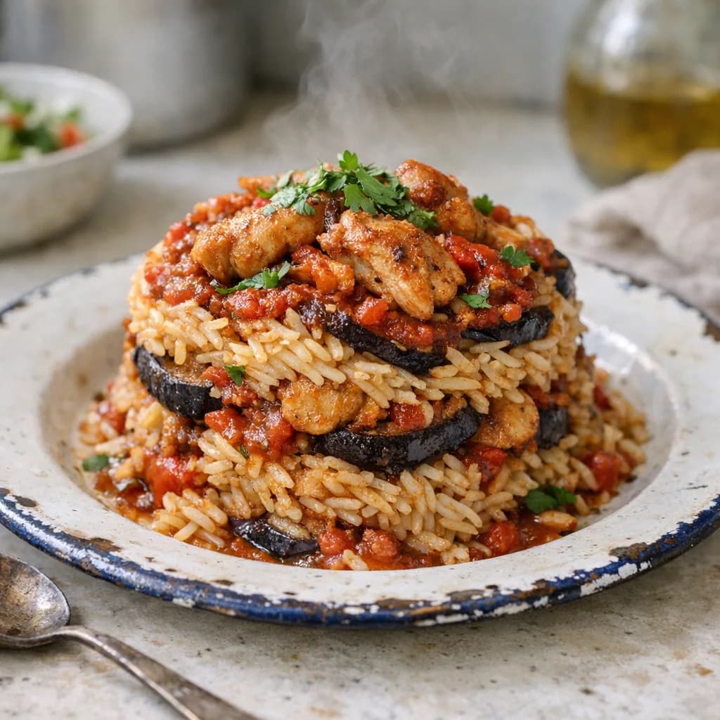 Layered Chicken and Eggplant Pilaf recipe