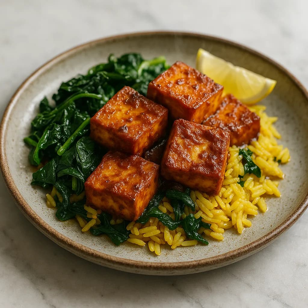 Masala Baked Tempeh with Spinach and Turmeric Rice recipe