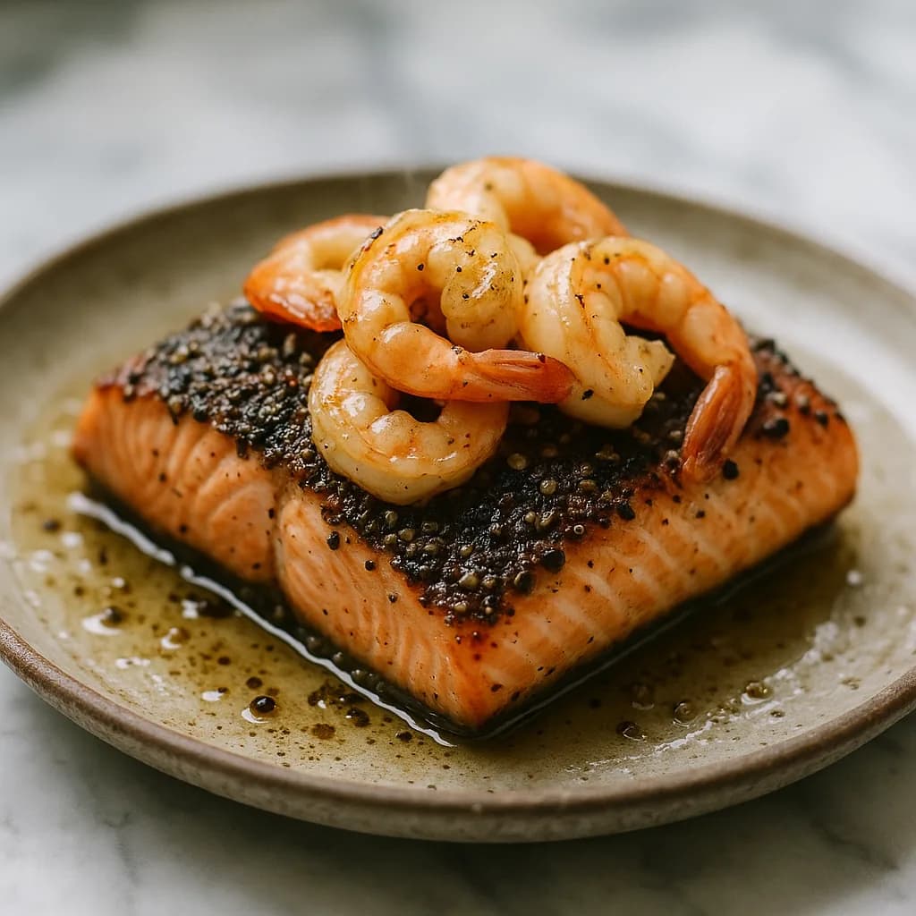Peppercorn-Crusted Salmon with Shrimp recipe