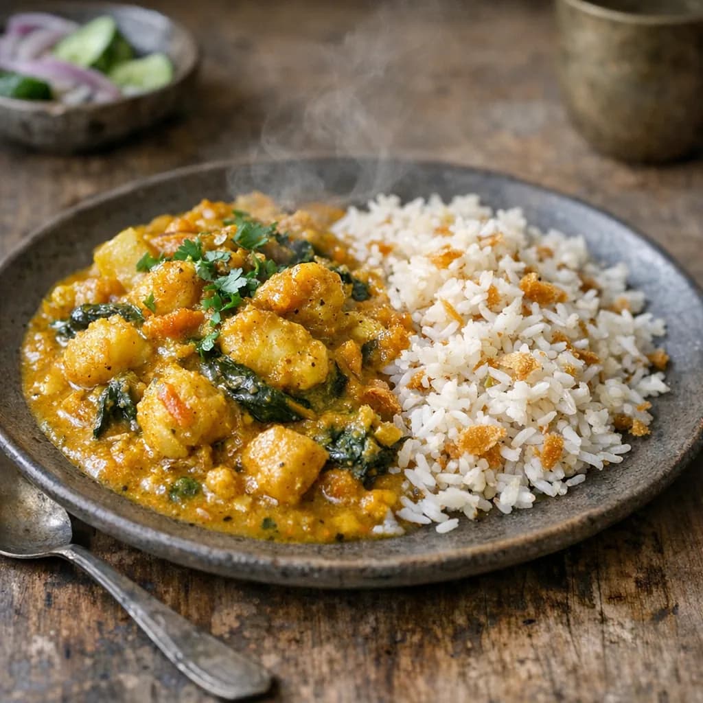 Pescatarian Shrimp Curry with Flaky Rice recipe