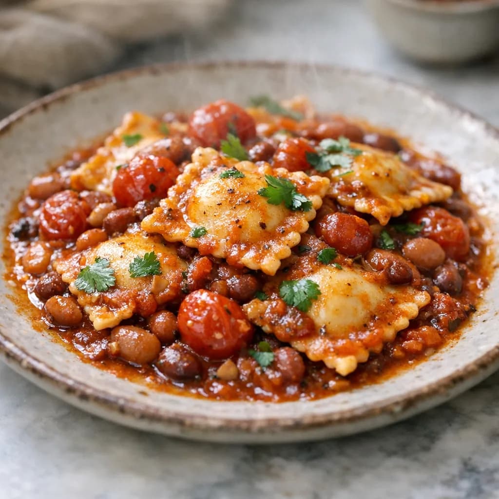 Ravioli with Spiced Tomato-Bean Sauce recipe