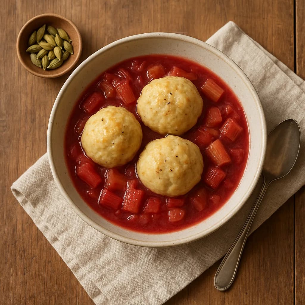 Rhubarb Compote with Cardamom Dumplings recipe