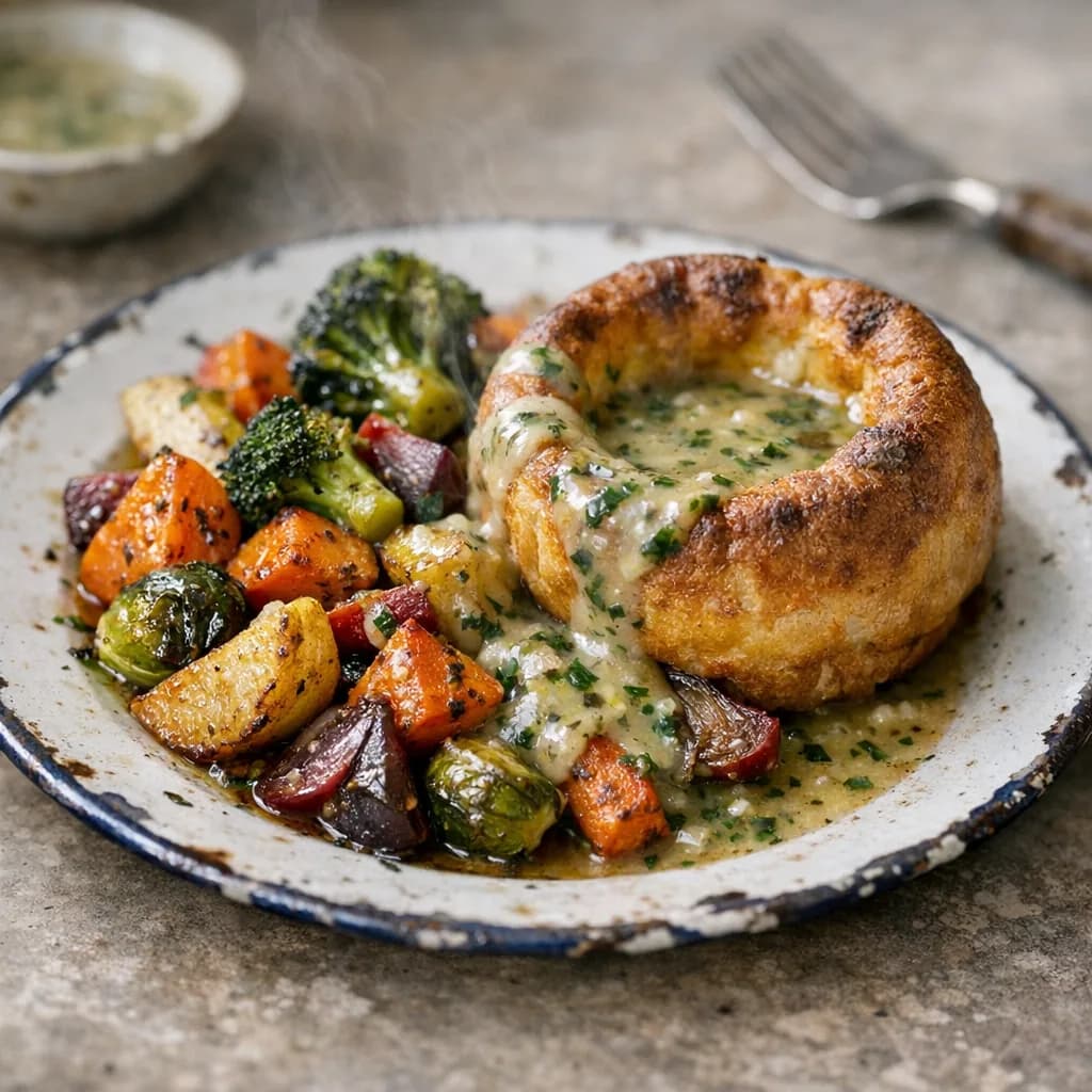 Roast Vegetables and Yorkshire Pudding with Herb Gravy recipe