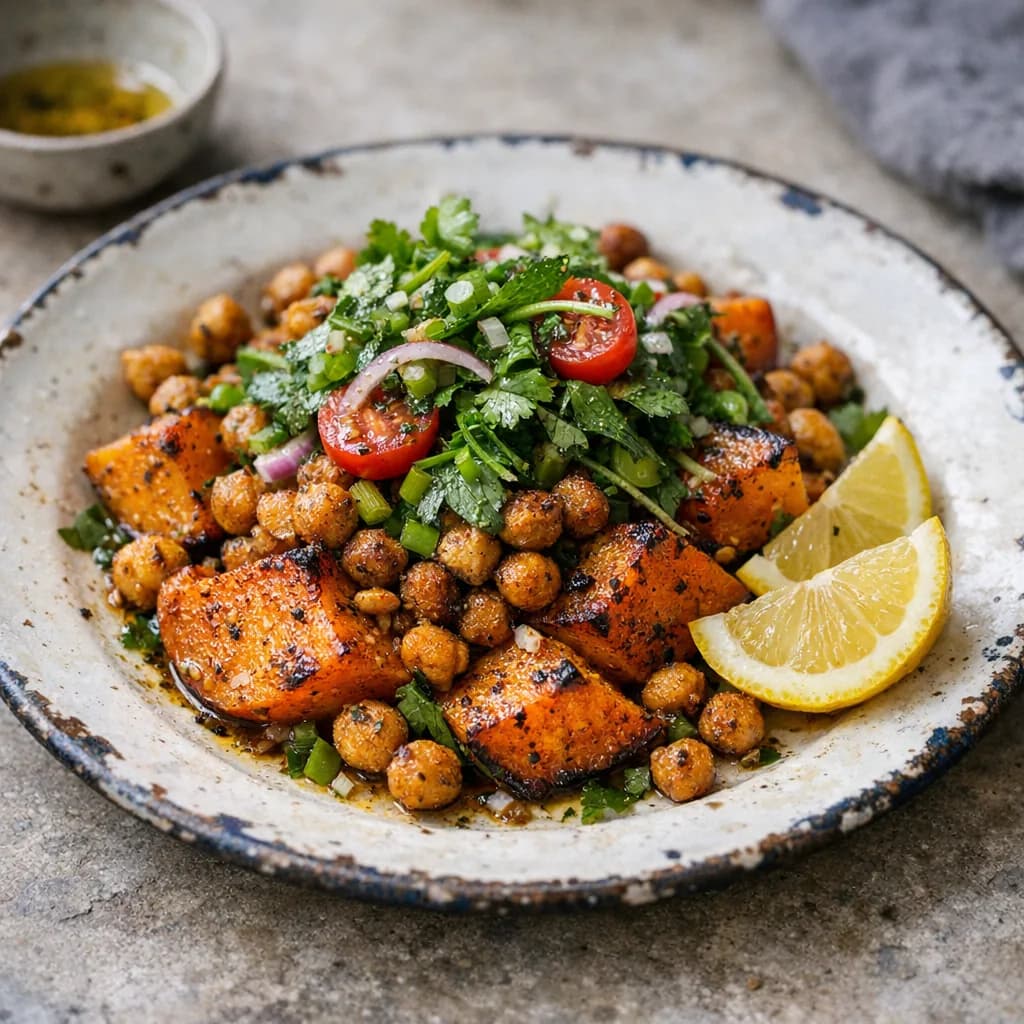 Roasted Butternut Squash with Spiced Chickpeas and Herb Salad recipe