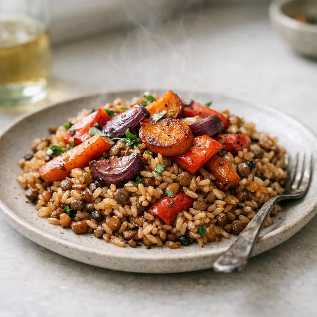 Roasted Vegetables with Spiced Lentil Rice recipe